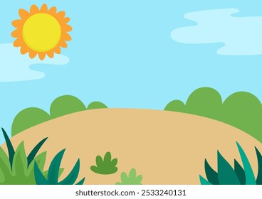 Ilustración de paisaje de naturaleza vacía de Vector. Lindo paisaje plano con sol, prado, bosque, plantas. Avión al aire libre o escena de limpieza con vegetación. Fondo de dinosaurio para niños con prado
