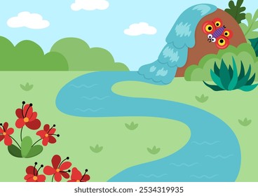 Ilustración de paisaje de naturaleza vacía de Vector. Lindo paisaje plano con prado, bosque, plantas. Avión al aire libre o escena de limpieza con vegetación. Fondo de dinosaurio para niños con río, cascada
