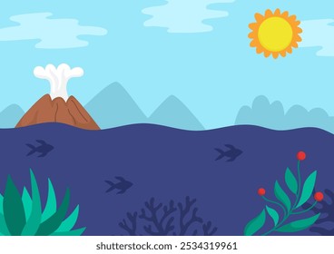 Ilustración de paisaje de naturaleza vacía de Vector. Lindo paisaje plano con sol, agua, cielo azul, plantas, volcán en erupción, peces. Escena al aire libre del mar o del océano. Fondo marino de dinosaurio para niños
