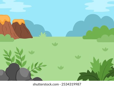 Ilustración de paisaje de naturaleza vacía de Vector. Lindo paisaje plano con sol, prado, bosque, plantas. Avión al aire libre o escena de limpieza con vegetación. Fondo de dinosaurio para niños con montañas, volcán
