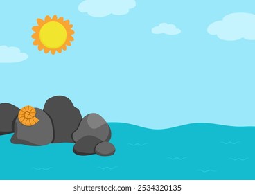 Vector empty nature landscape illustration. Cute flat scenery with sun, water, blue sky, stones. Outdoor sea or ocean scene. Dinosaur marine background for kids
