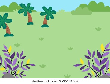 Ilustración de paisaje de naturaleza vacía de Vector. Lindo paisaje plano con sol, prado, bosque, plantas. Avión al aire libre o escena de limpieza con vegetación. Fondo de dinosaurio para niños con palmeras, helechos
