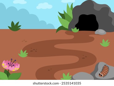 Vector empty nature landscape illustration. Cute flat scenery with cave, road, wild flower. Outdoor plane or clearing scene with greenery. Dinosaur background for kids with mountains
