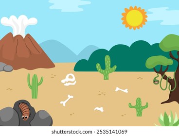 Ilustración de paisaje de naturaleza vacía de Vector. Lindo paisaje plano con sol, desierto, volcán. Avión al aire libre o escena de limpieza con piedras, huesos, cráneo. Fondo de dinosaurio para niños con montañas, cactus
