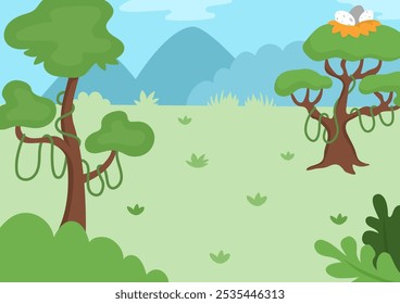 Vector empty nature landscape illustration. Cute flat scenery with trees, liana, nest, egg, forest. Outdoor African scene with greenery. Dinosaur background for kids with mountains
