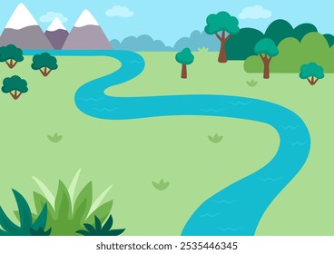 Ilustración de paisaje de naturaleza vacía de Vector. Lindo paisaje plano con prado, bosque, plantas. Avión al aire libre o escena de limpieza con vegetación. Fondo de dinosaurio para niños con montañas, río
