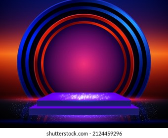 Vector empty neon shine table or room wall background with round banner and sparkle podium for design show content product