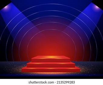 Vector empty neon shine table or room wall background with round blue lines and podium for design show content product