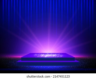 Vector empty neon shine table or room wall background with purple spotlights and podium for design show content product
