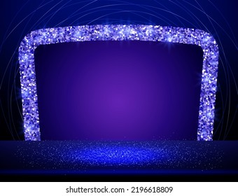 Vector empty neon shine table or room wall background with round blue lines and sparkle arch for design show content product