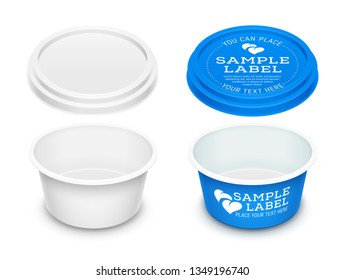 Vector empty open round plastic container with label for butter, melted cheese or margarine spread. Mockup isolated over a white background. Packaging template illustration.