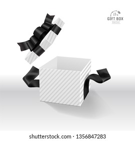 Vector Empty opened gift box with ribbon, bow and confetti. Present package in realistic 3d style.