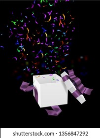 Vector Empty opened gift box with ribbon, bow and confetti. Present package in realistic 3d style.