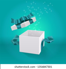 Vector Empty opened gift box with ribbon, bow and confetti. Present package in realistic 3d style.