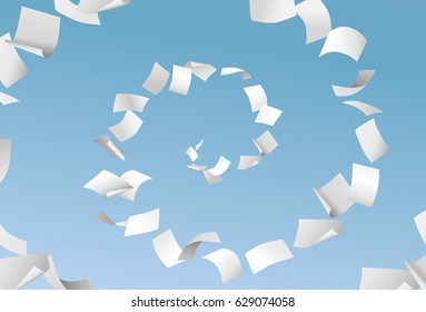 Vector Empty Papers Flying In Spiral On Blue Sky Background - Paperwork, Office Documents