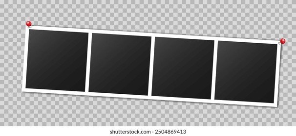 Vector empty photo frames with pin and shadow isolated on transparent background. Template mockup photo design.