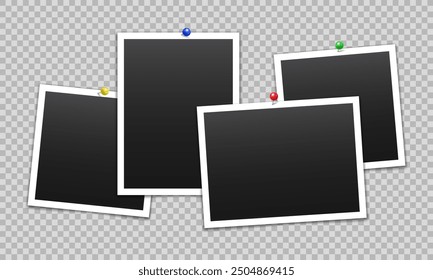 Vector empty photo frames with pin and shadow isolated on transparent background. Template mockup photo design.