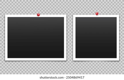 Vector empty photo frames with pin and shadow isolated on transparent background. Template mockup photo design.