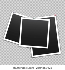 Vector empty photo frames with pin and shadow isolated on transparent background. Template mockup photo design.