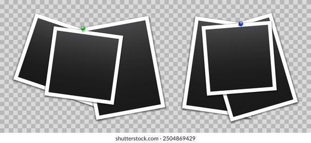 Vector empty photo frames with pin and shadow isolated on transparent background. Template mockup photo design.