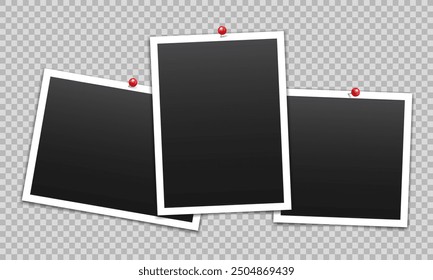 Vector empty photo frames with pin and shadow isolated on transparent background. Template mockup photo design.