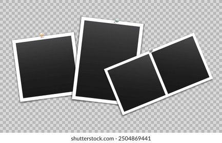 Vector empty photo frames with pin and shadow isolated on transparent background. Template mockup photo design.