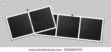 Vector empty photo frames with pin and shadow isolated on transparent background. Template mockup photo design.