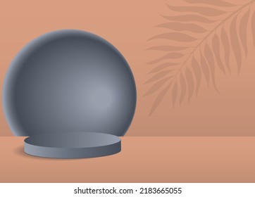 vector empty podium for product presentation. purple color podium with 3d ball and plant shadow on the background