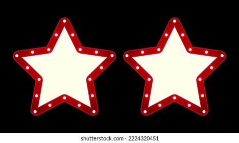 Vector empty retro circus billboard frame with electric bright glowing lamps. Light bulbs two stars shape figures.