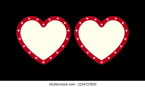 Vector empty retro circus billboard frame with electric bright glowing lamps. Light bulbs two heart shapes figure.