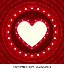 Vector empty retro circus billboard frame with heart electric bright glowing lamps. Light bulbs circle shape figure.