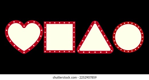 Vector empty retro circus billboard frame with electric bright glowing lamps. Light bulbs triangle heart cube and circle shapes figure.