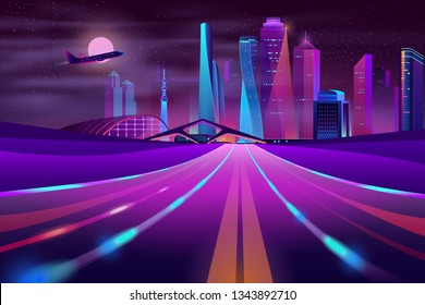 Vector empty road in modern megapolis at night. Morning mist on asphalt way in city, motion on highway. Full moon and flying plane.Urban skyscrapers in neon colors, town exterior, architecture concept