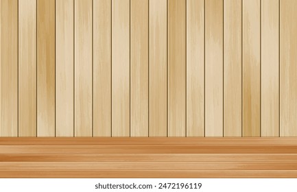 Vector empty room with wooden wall and floor. Realistic light brown planks wall panel and natural wood floor. Minimal 3d scene for organic product mockup, interior background.