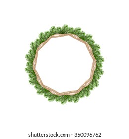Vector Empty round frame or Christmas template with christmas tree twigs. 