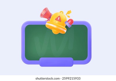 Vector empty school 3D board with a bell and SOS signal. Suitable for informational notifications, emergency messages, and alerts.