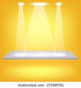 Vector Empty Shelf Isolated on Yellow Background. Spotlights Illuminated the Empty Shelf.