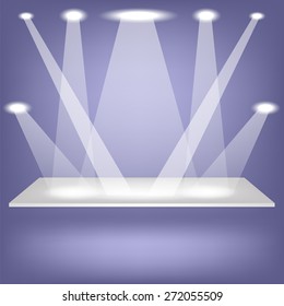Vector Empty Shelf Isolated on Blue Background. Spotlights Illuminated the Empty Shelf.