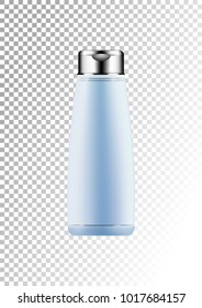 Vector empty silver and blue package for cosmetic products tube and bottle for lotion, shower gel, shampoo, hair balm. Realistic mockup of plastic container isolated on white-transparent background.