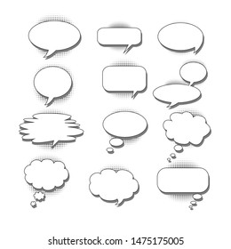 Vector Empty Speech bubbles set with black halftone shadows for text communication.Vector illustration, vintage design, pop art style