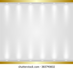 Vector empty spotlight scene, with glow ray. Illuminated white wall and golden frame. Showcase light design for you presentation