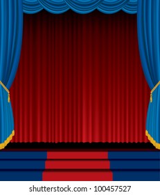 vector empty stage with red and blue curtain