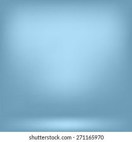 Vector Empty Studio. Light Blue Abstract Background with Radial Gradient Effect. Spotlights Blurred Background. Flat Wall and Floor in Empty Spacious Room Interior for Your Products