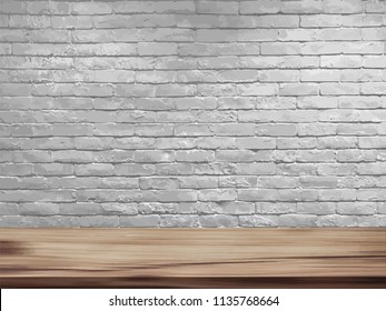 Vector empty top of natural wooden table and retro white brick wall background. Loft workspace concept