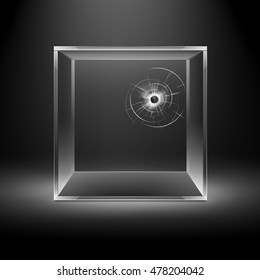 Vector Empty Transparent Broken Crack Glass Box Cube Isolated On Dark Black Background With Backlight