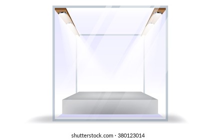 Vector Empty Transparent Glass Box Cube Isolated on White Background. Bulbs with light or beam effect