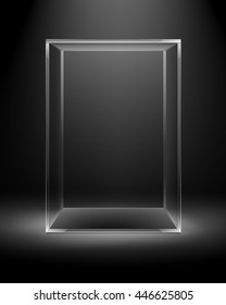 Vector Empty Transparent Glass Box Rectangle Cube Isolated On Dark Black Background With Backlight