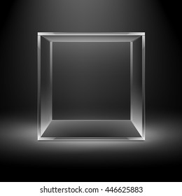 Vector Empty Transparent Glass Box Cube Isolated on Dark Black Background with Backlight