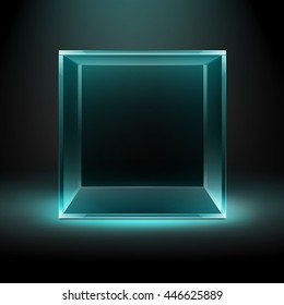 Vector Empty Transparent Glass Box Cube On Dark Black Background With Blue Turquoise Backlight