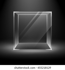 Vector Empty Transparent Glass Box Cube Isolated On Dark Black Background With Backlight